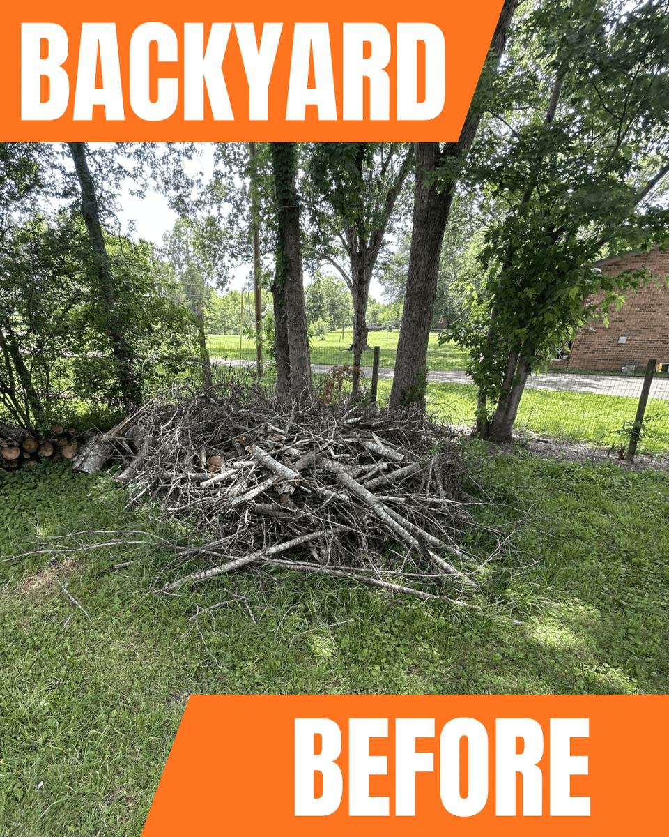 Backyard pile of brush, wood, and yard debris before haul-off