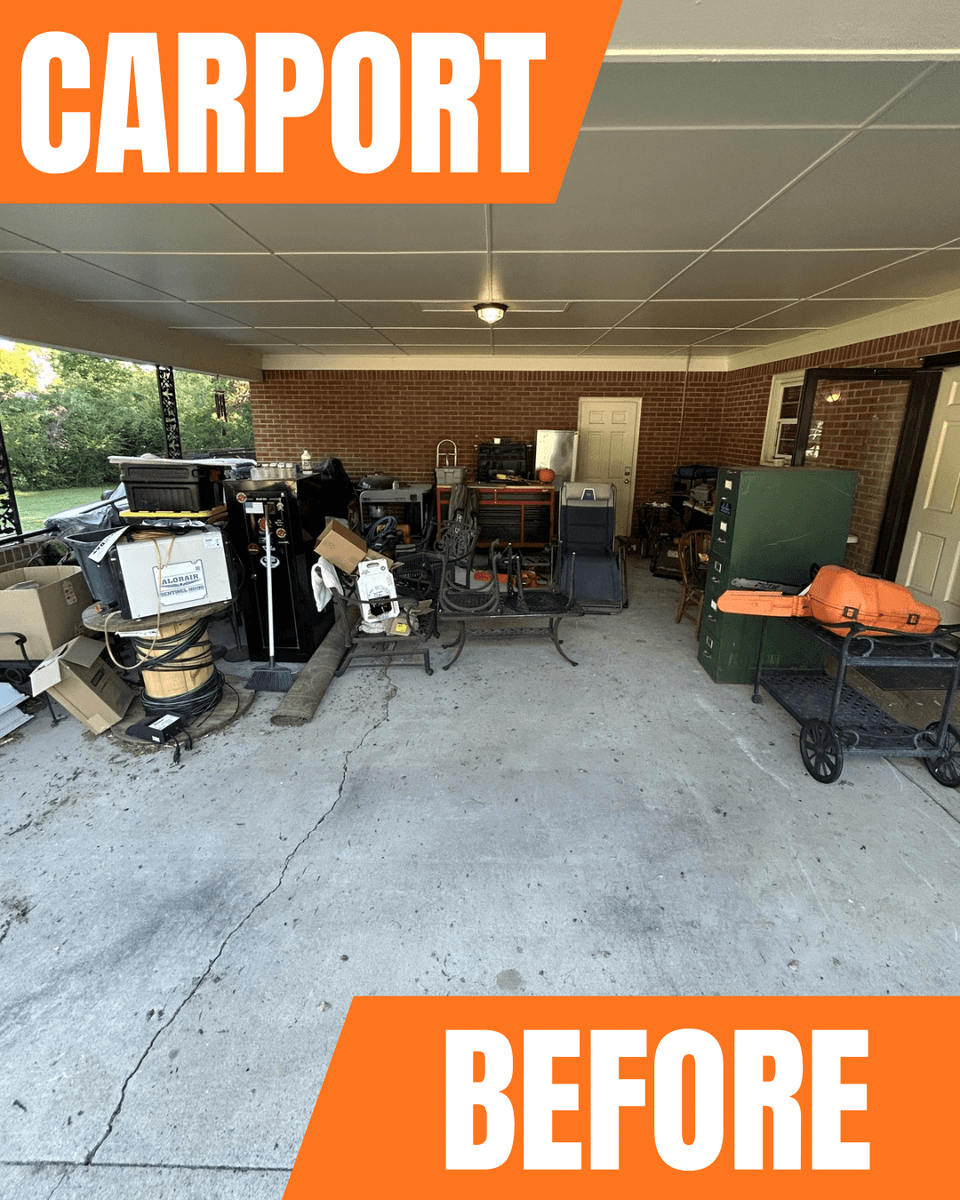 Carport packed with old furniture and junk before clearing